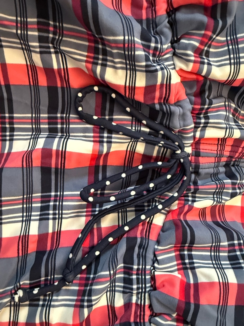 LASCANA Plaid Drawstring Tankini in Navy, Coral & White
